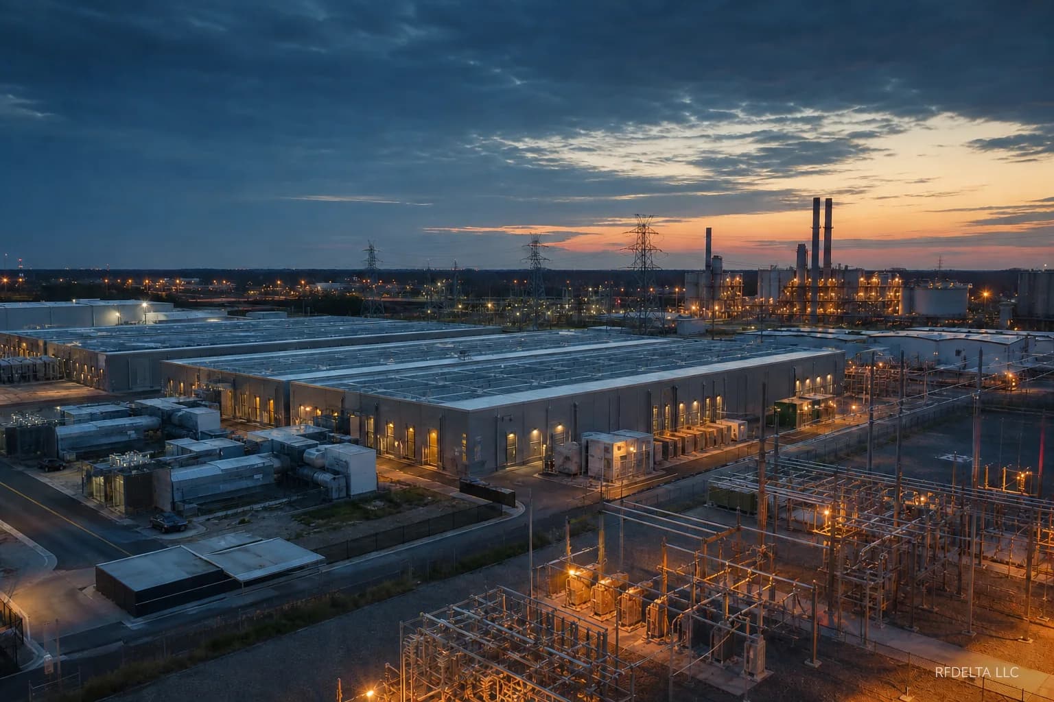 A large data-center campus beside substations and power generation at dusk, watermarked RFDELTA LLC.