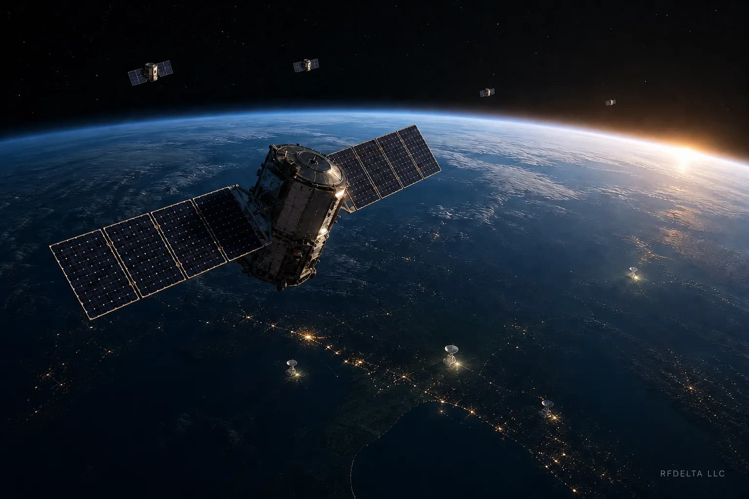 A low-earth-orbit satellite network above Earth at sunrise, watermarked RFDELTA LLC.