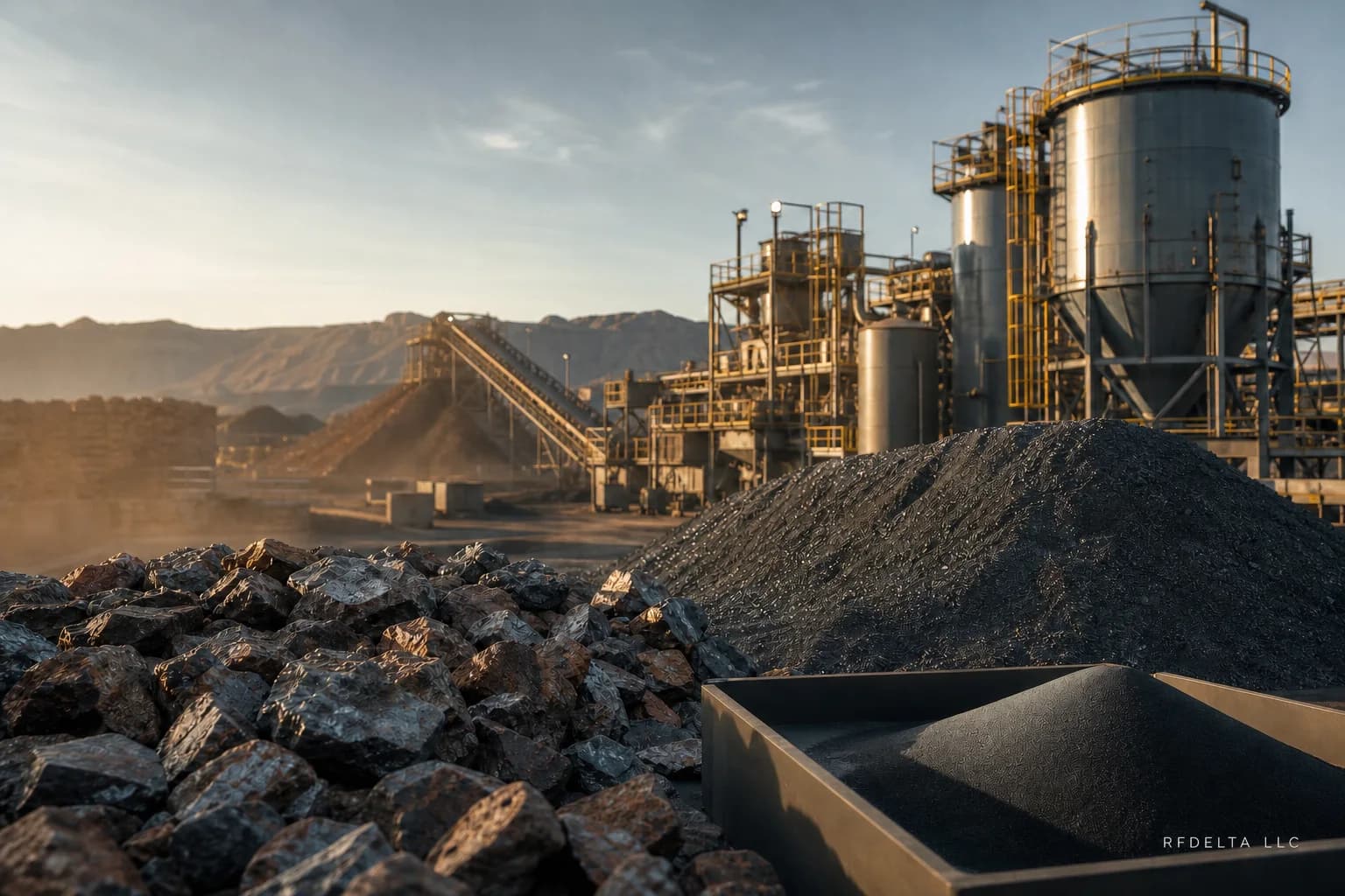 Critical-mineral ore and processing equipment at an industrial facility, watermarked RFDELTA LLC.